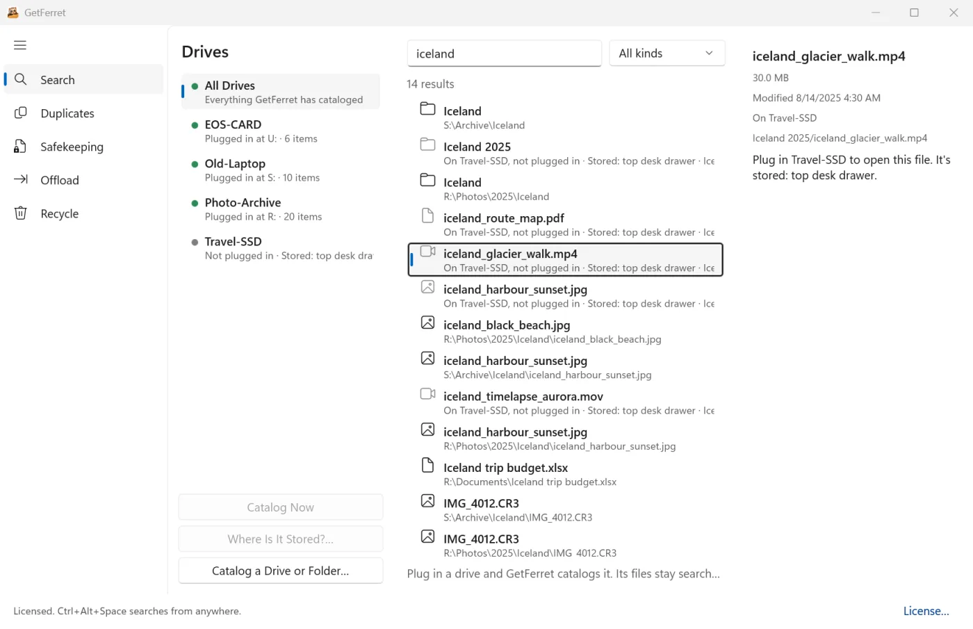 GetFerret لنظام Windows يبحث في كل قرص. تُظهر الملفات الموجودة على قرص غير موصول مكان حفظه: الدرج العلوي في المكتب.